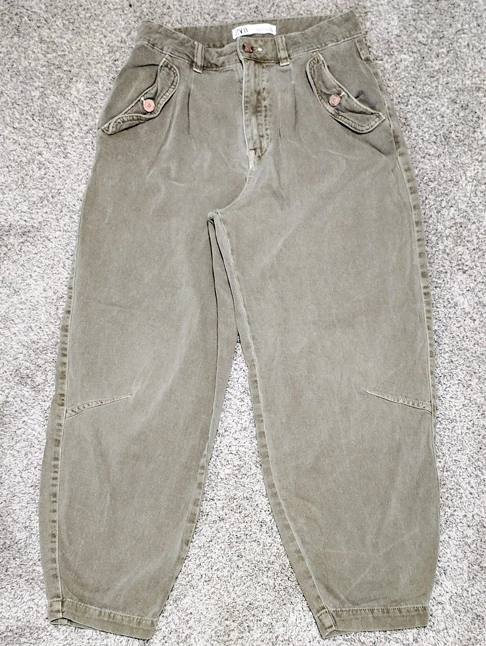 Zara Balloon Fit Pants High Rise Cotton Jeans in Green